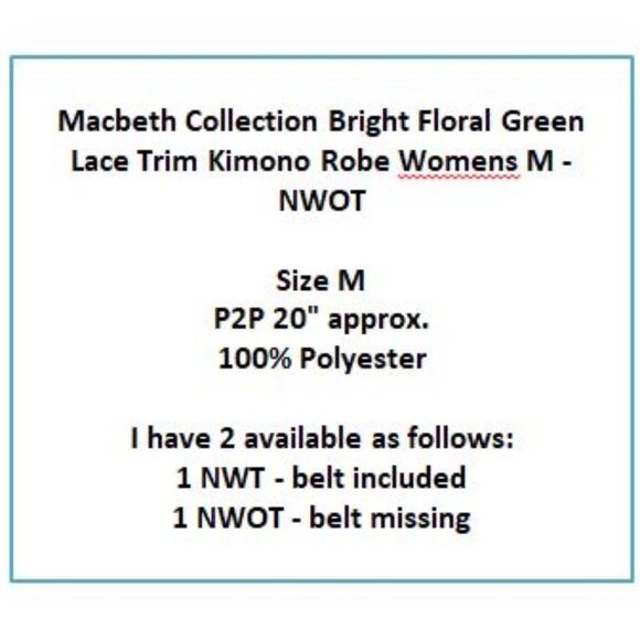 Macbeth Collection Bright Floral Green Lace Trim Kimono Robe Womens M - NWOT - Picture 8 of 9